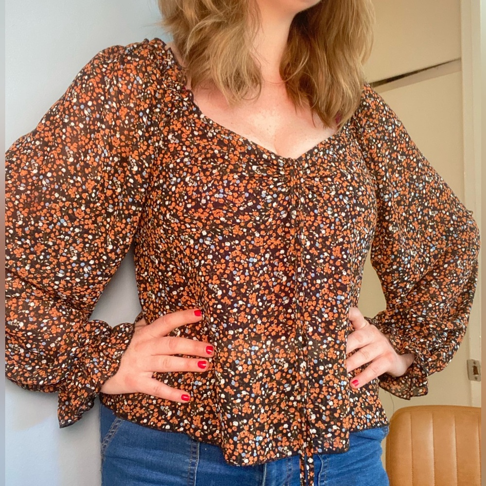 Lulu's Black and Orange Floral Blouse